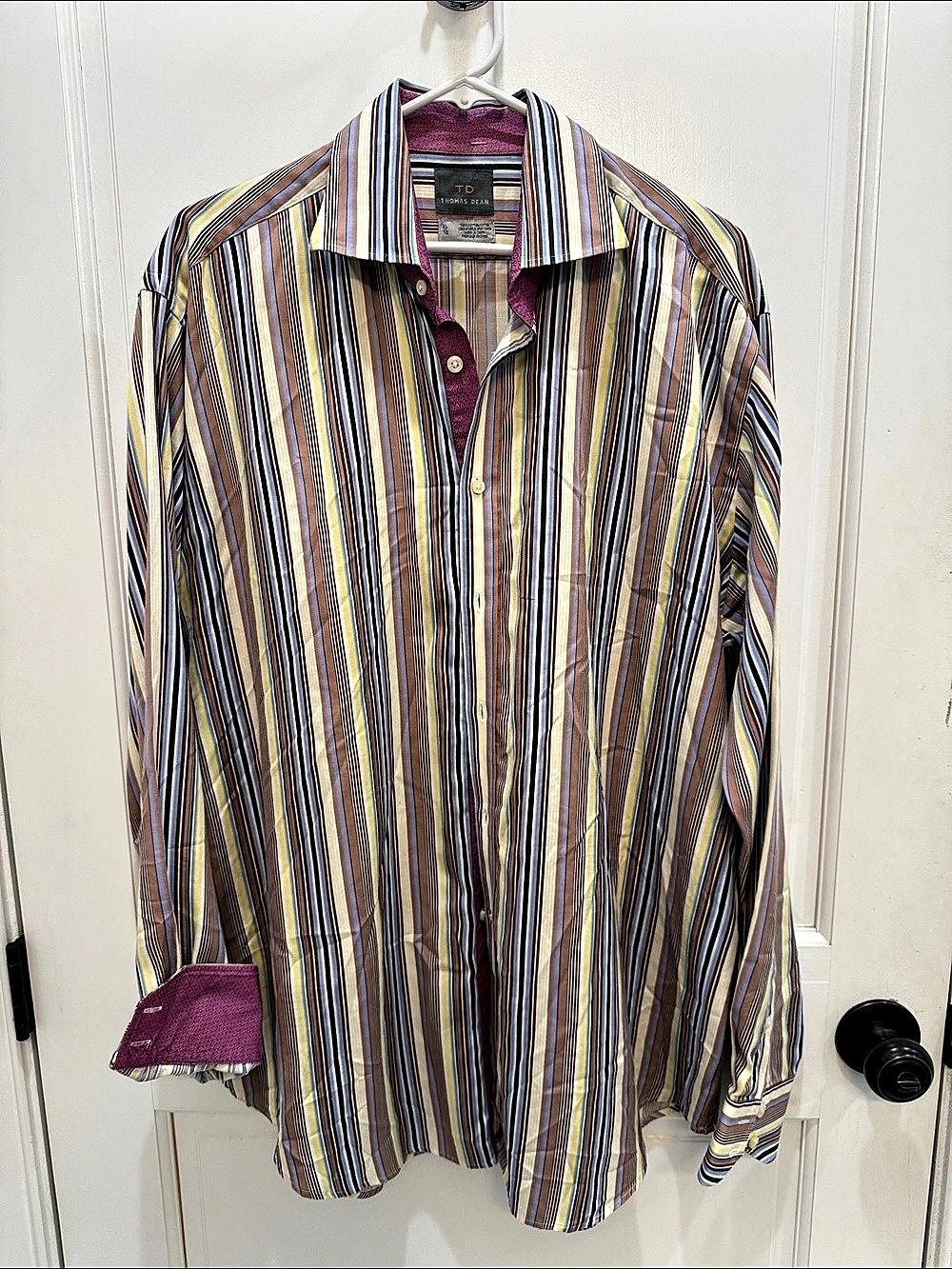 Thomas Dean Striped Button Down Shirt in Brown & Blue XL Like New
